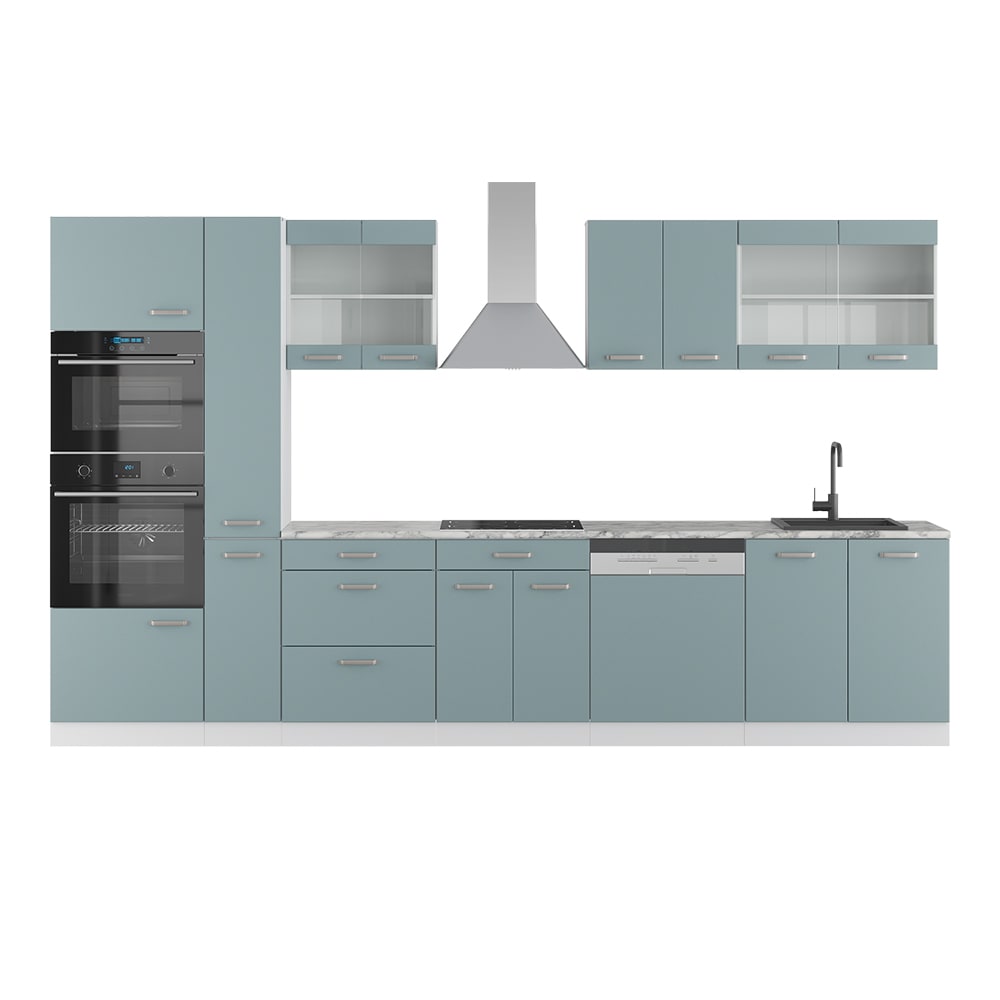 Cuisine avec armoire haute, pt marbre, bleu-gris/blanc 350 x 206.8cm