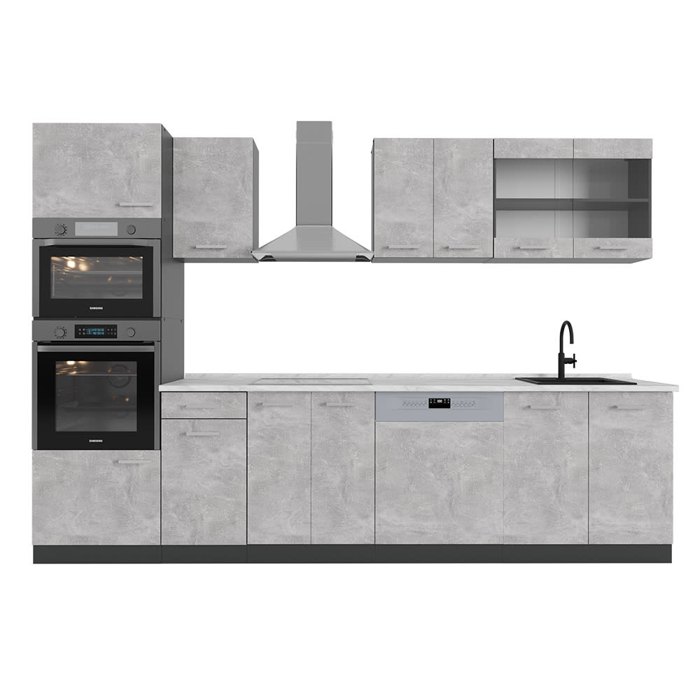 Vicco Cuisine Béton/Anthracite 300cm avec armoire haute, PT Marbre