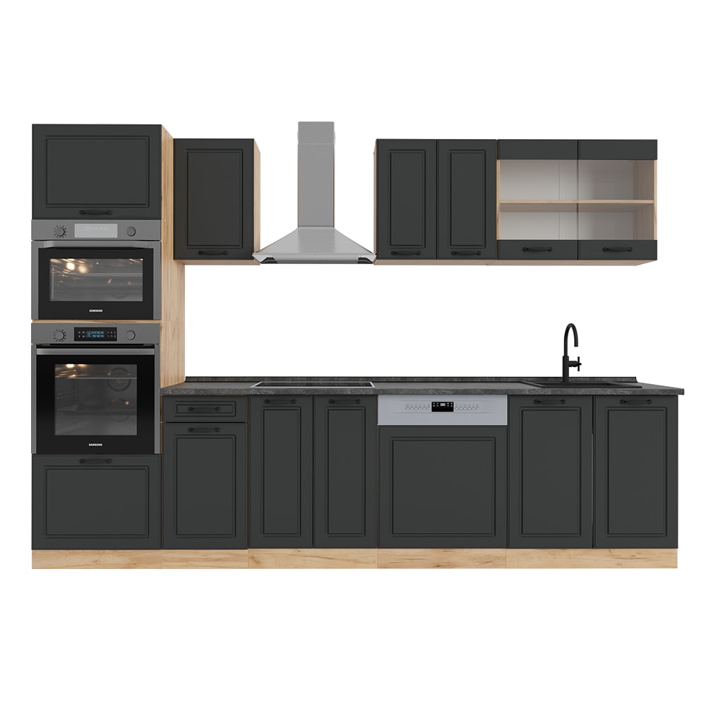 Vicco Cuisine Anthracite Campagne/Chêne doré 300cm avec armoire haute, PT Anthracite