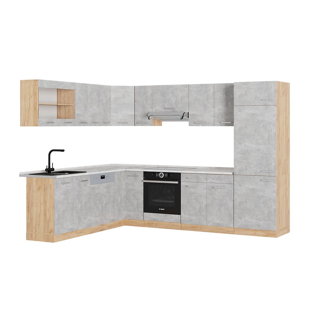 Vicco Cuisine en angle Béton/Chêne de force doré 287 x 227 cm, PT Marbre
