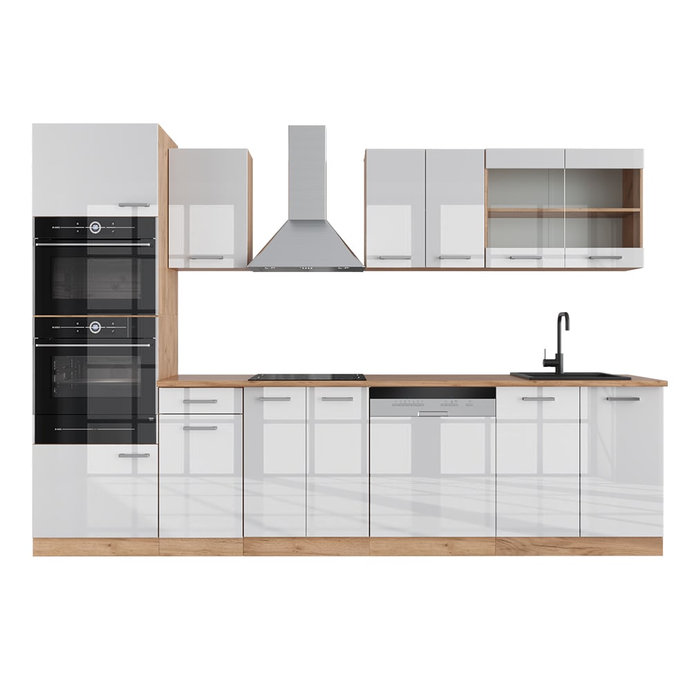 Vicco Cuisine Blanc brillant/Chêne doré 300cm avec armoire haute, sans PT