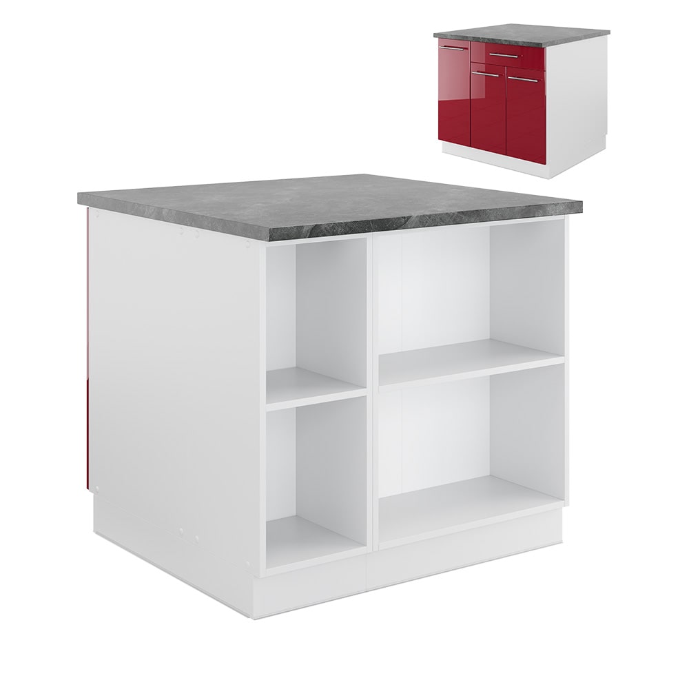 Vicco Îlot de cuisine Bordeaux haute brillance/blanc 90cm avec tiroir, sans PT
