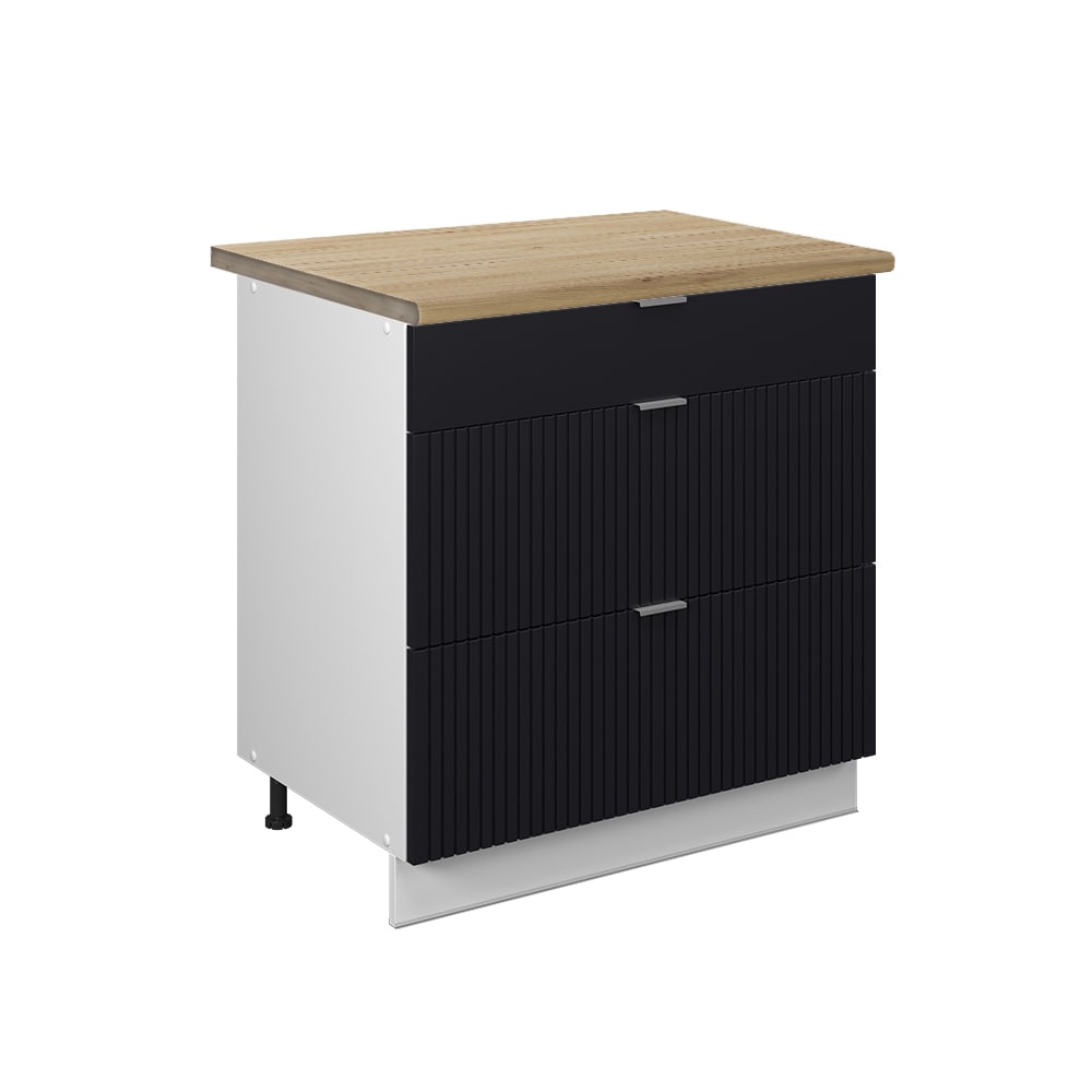 Vicco Meuble cuisine Noir rayé 80cm avec 3 tiroirs, PT Chêne