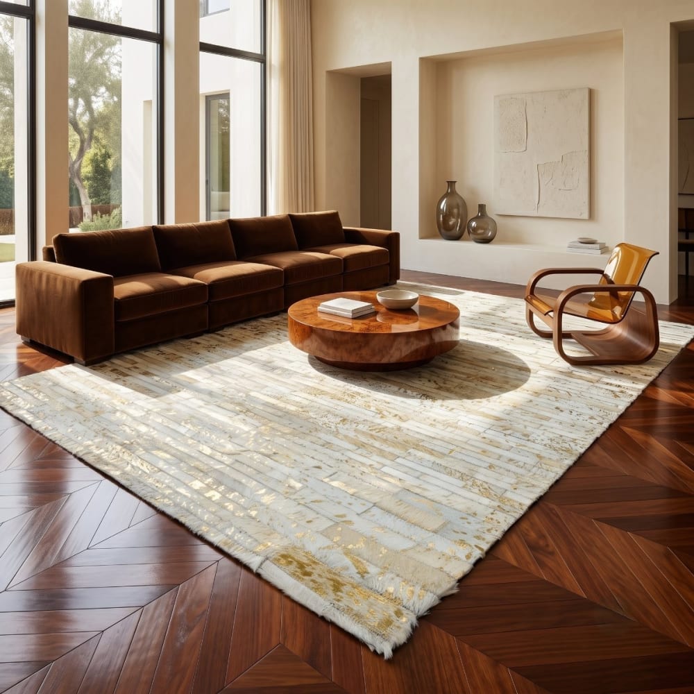 Tapis en cuir recyclé naturel doré patchwork 120x170