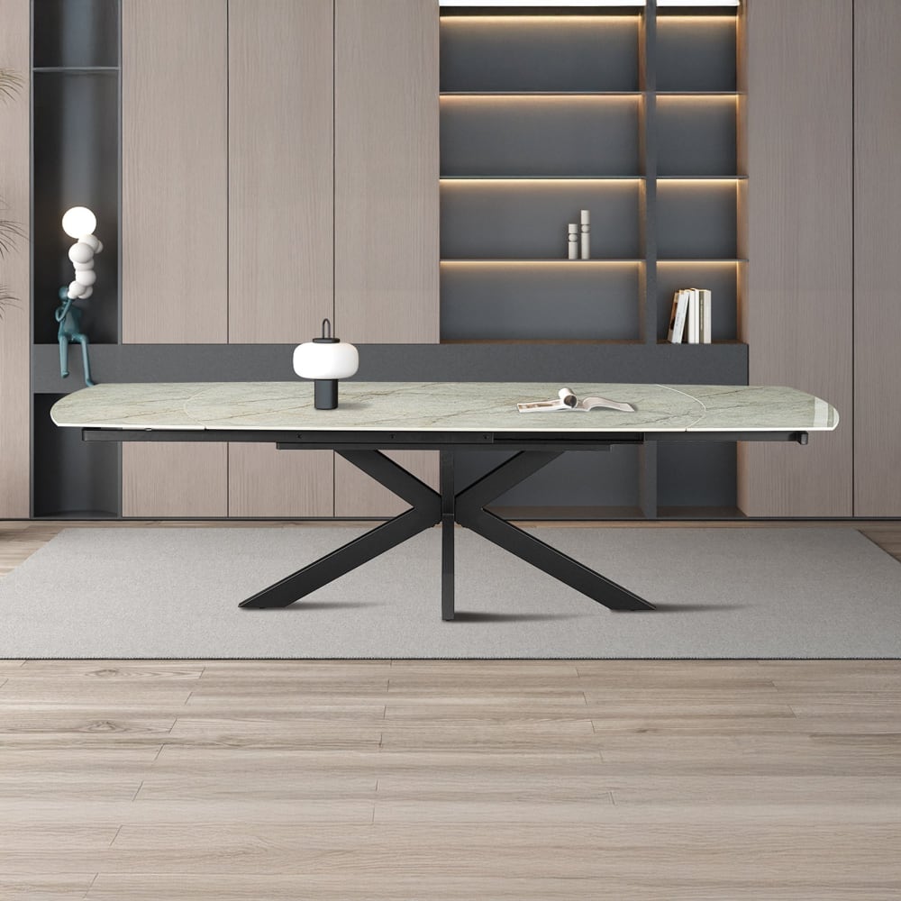 Table à manger extensible en pierre frittée beige et métal noir