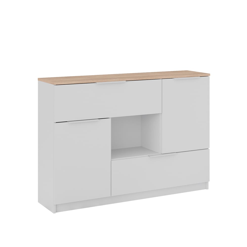 Vicco Commode avec tiroirs Blanc/Sonoma 120x83.6cm 2x porte, 2x tiroir et 1x compartiment ouvert