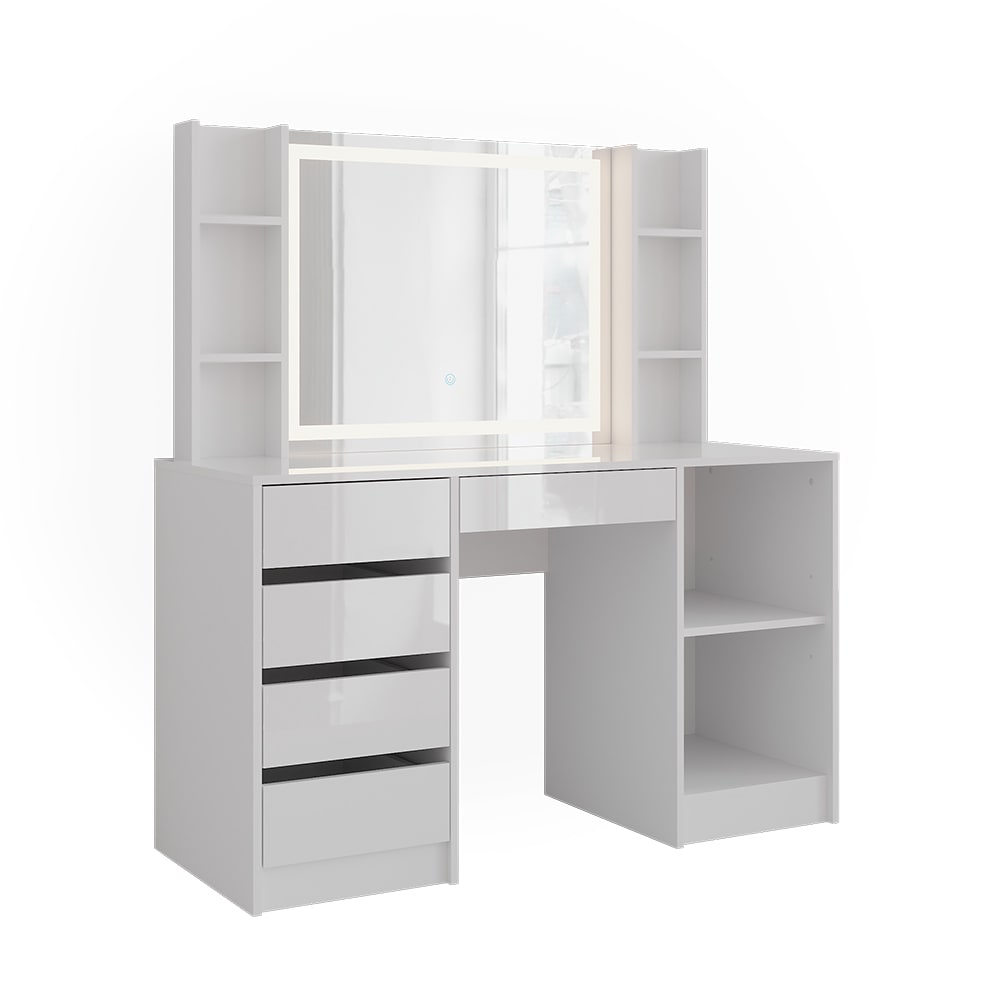 Coiffeuse Sherry, Blanc/blanc Haute Brillance, 128.2cm Avec Miroir Led, Vicco