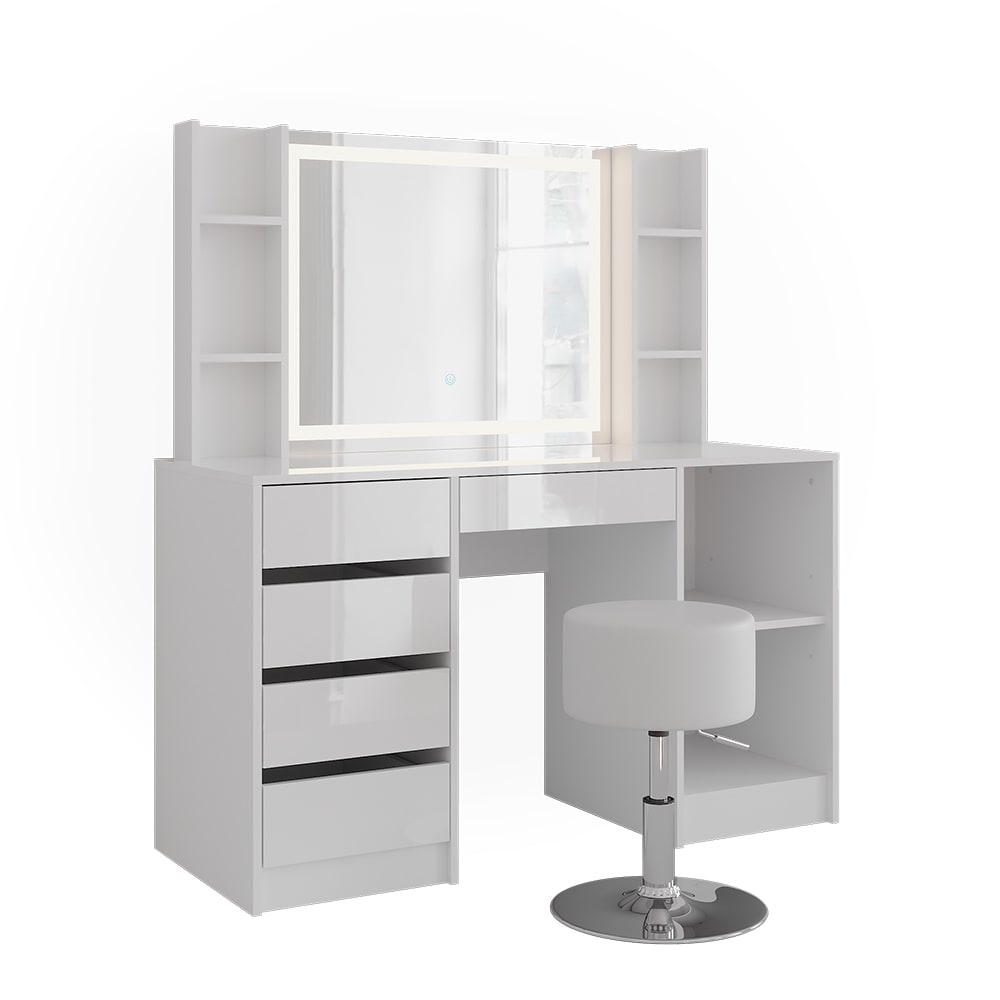 Coiffeuse Sherry, Blanc/blanc Haute Brillance, 128.2cm Avec Miroir Led Et Tabouret, Vicco