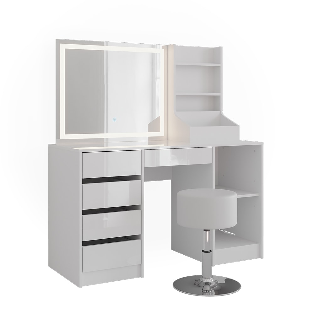 Coiffeuse Sherry, Blanc/blanc Haute Brillance, 128.2cm Avec Miroir Led Et Tabouret, Vicco