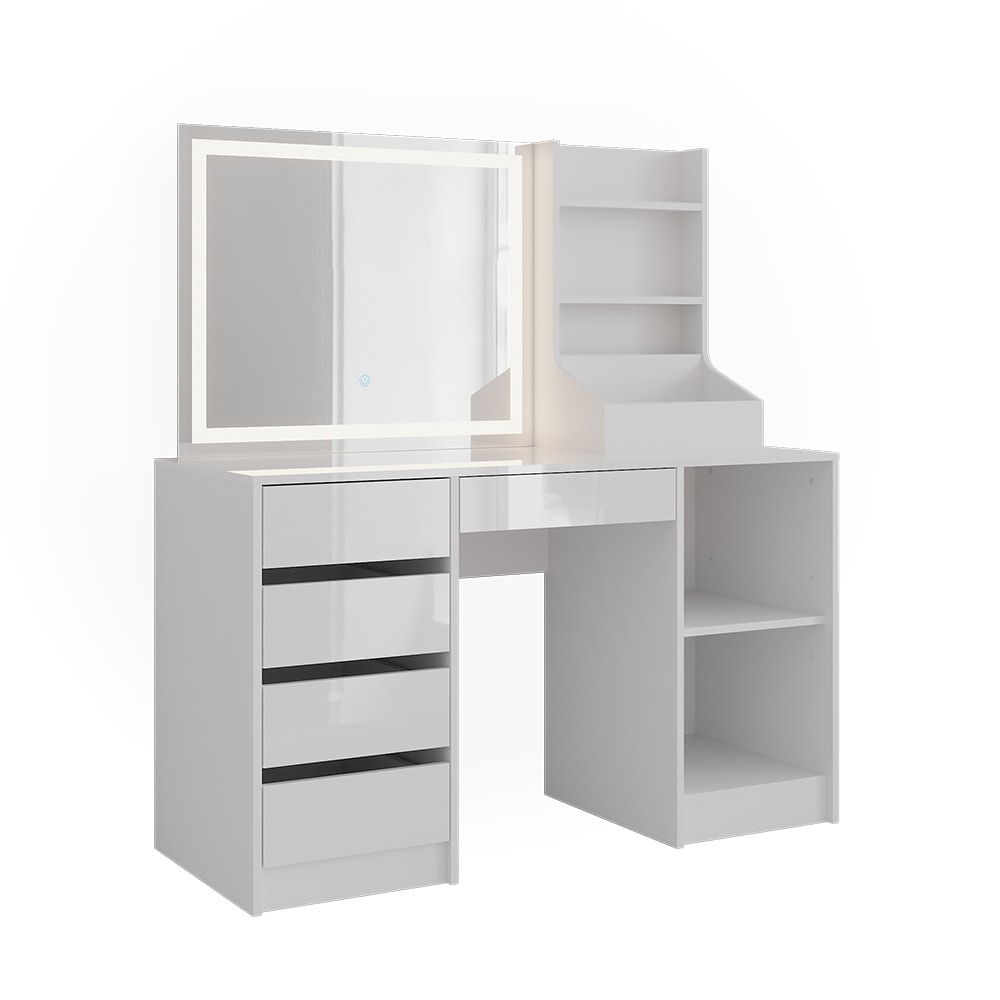 Coiffeuse Sherry, Blanc/blanc Haute Brillance, 128.2cm Avec Miroir Led, Vicco