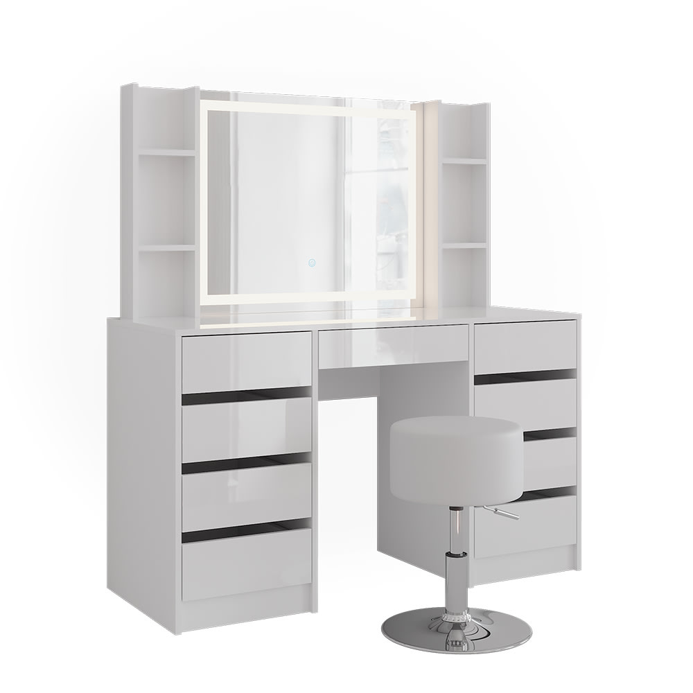 Coiffeuse Sherry, Blanc/blanc Haute Brillance, 128.2cm Avec Miroir Led Et Tabouret, Vicco
