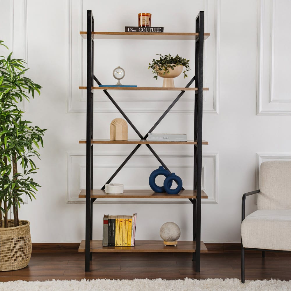 Etagère 5 niveaux 90x33,5x180 cm décor noyer et noir