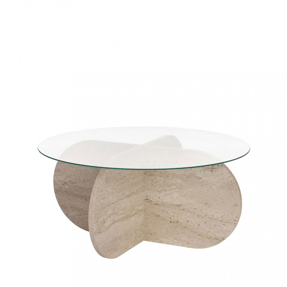 Bully - Table basse ronde en verre trempé et effet travertin diam.75cm - Beige