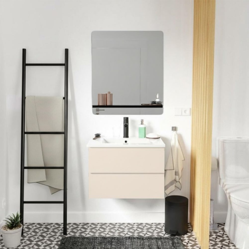 Meuble simple vasque 60cm SORRENTO chêne+vasque noire+robinet+miroir rectangle