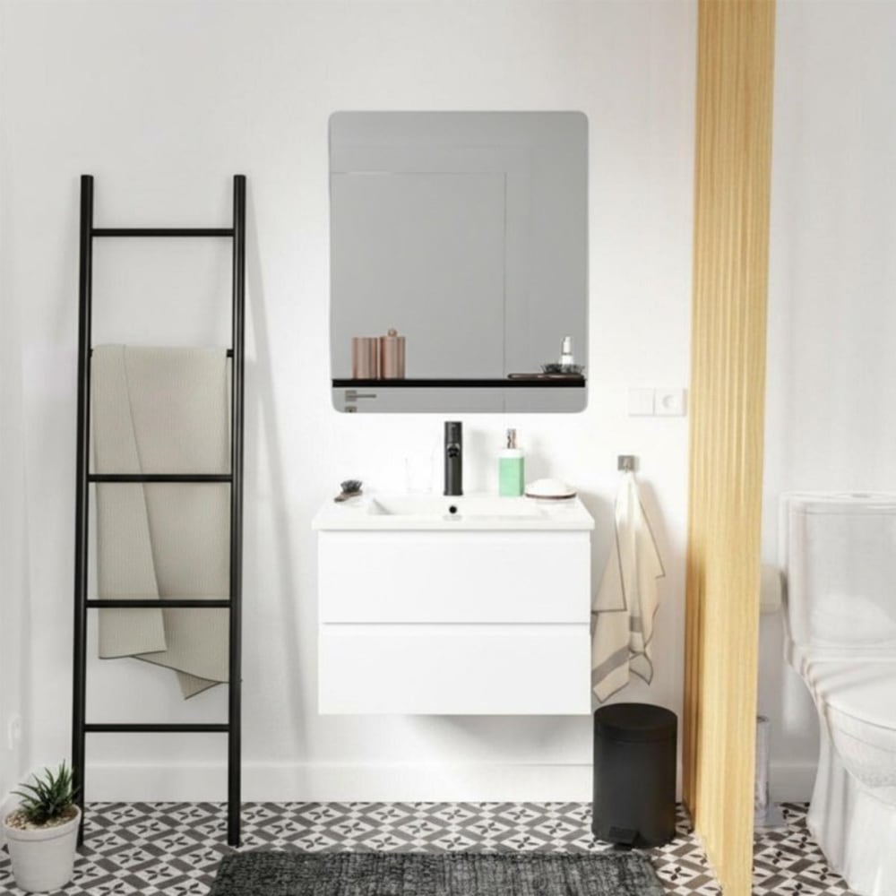 Meuble simple vasque 60cm SORRENTO chêne+vasque noire+robinet+miroir rectangle