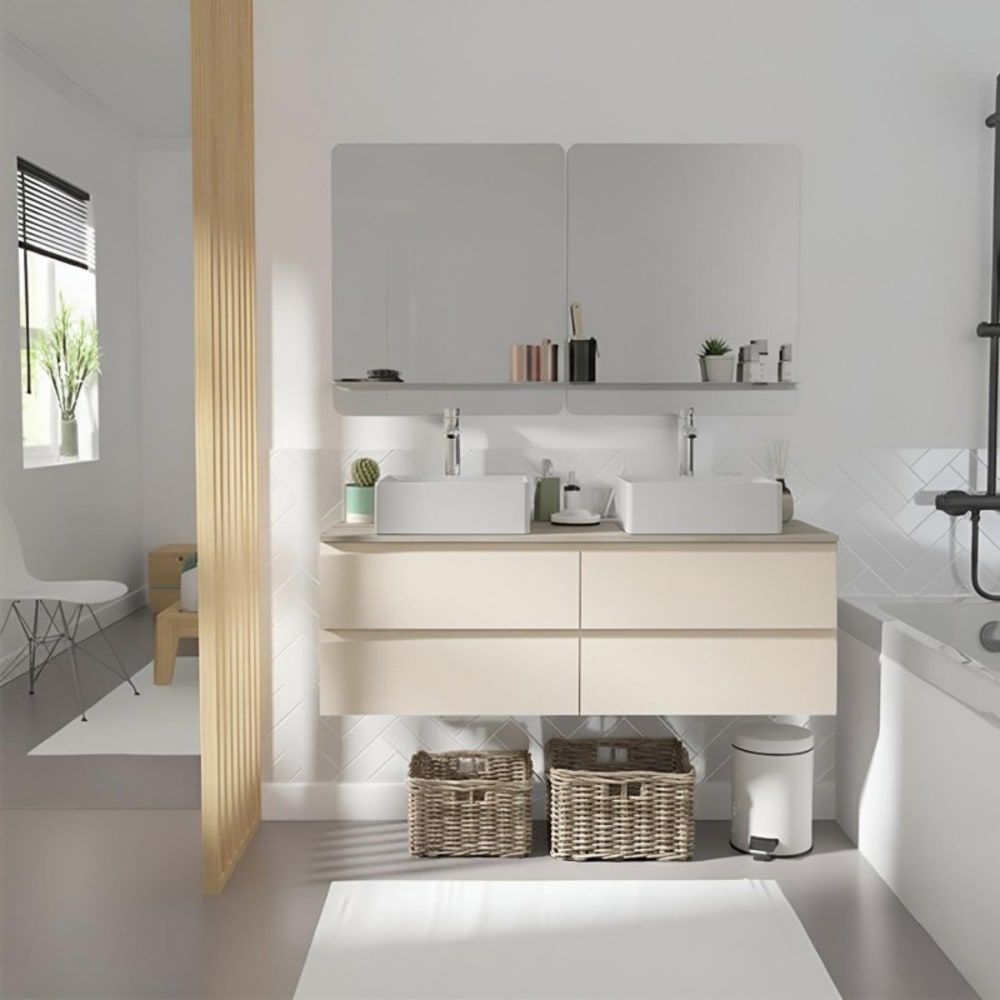 Meuble double vasque SORRENTO suspendu avec plan effet bois 120 cm