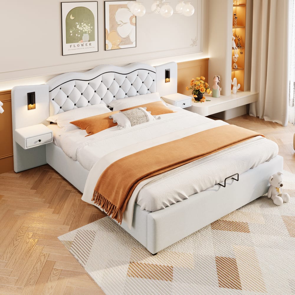 Lit Coffre 180x200 cm - Lit Double avec Tête de Lit Intégrée et 2 Lampes - Lin - Sans Matelas - Beige