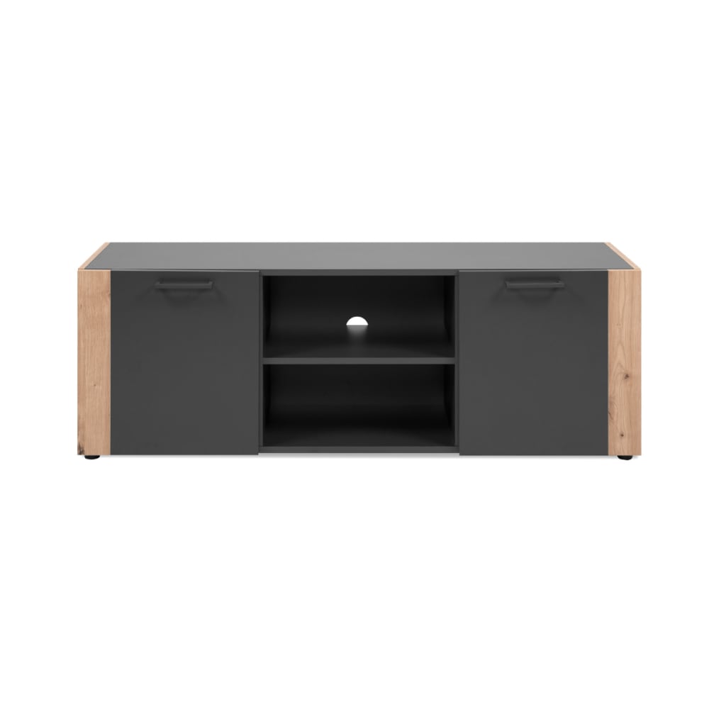 Meuble TV 2 portes, 2 niches ouvertes décor gris anthracite et chêne artisan L138 cm - LUMA