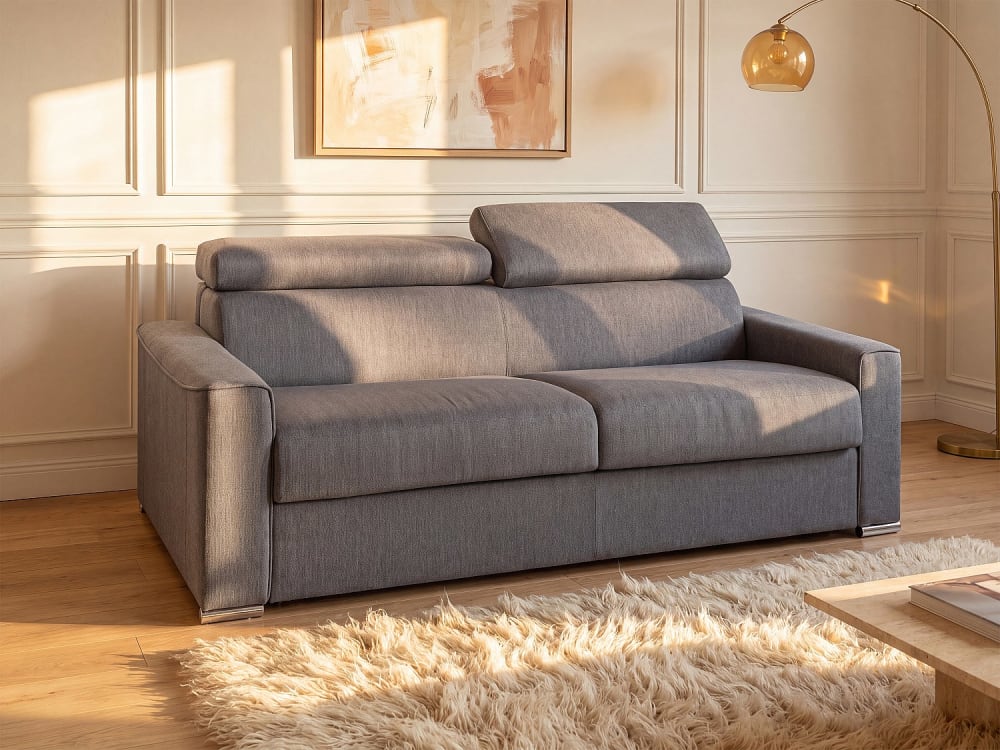 Canapé 4 places convertible express en tissu gris - Couchage à lattes larges 160 cm - Matelas 18 cm VIZIR