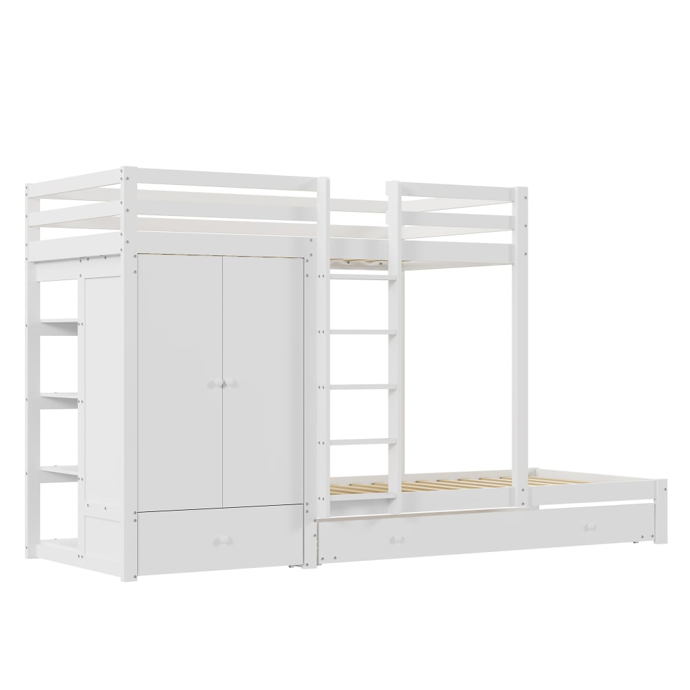 Lit Superposé 90x200 cm - Lit Gigogne enfant avec Tiroirs, Escalier Sécurisé et Penderie, Sans Matelas, Bois MDF et Pin, Blanc