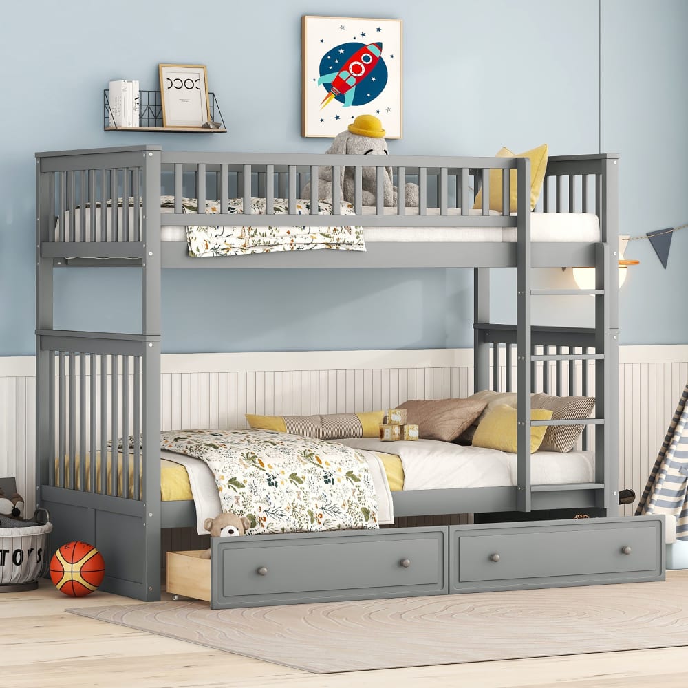 Lit Superposé 90x200 cm - Lit enfant avec 2 Tiroirs de Rangement - Bois de Pin et MDF Robuste - Gris - Sans Matelas