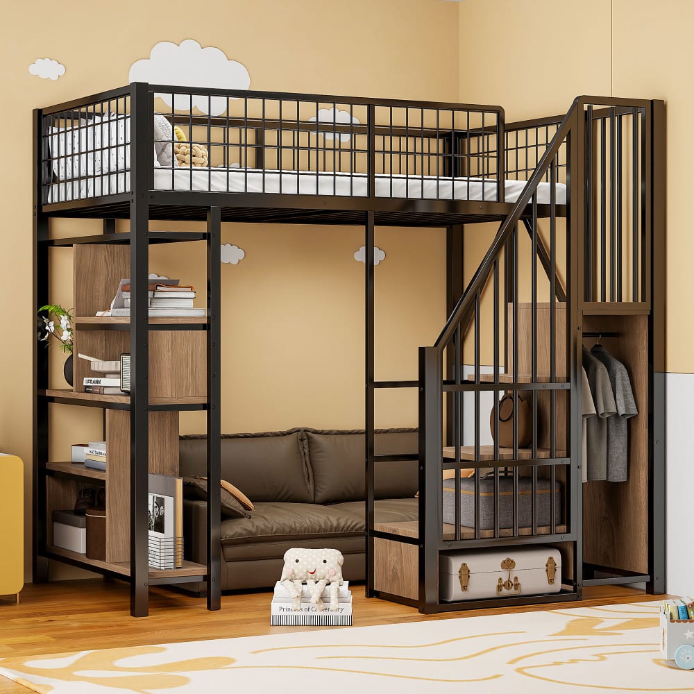 Lit Mezzanine 90x200 cm - Lit enfant en Métal Noir avec Rangement Intégré, Étagères et Escalier Sécurisé, Sans Matelas