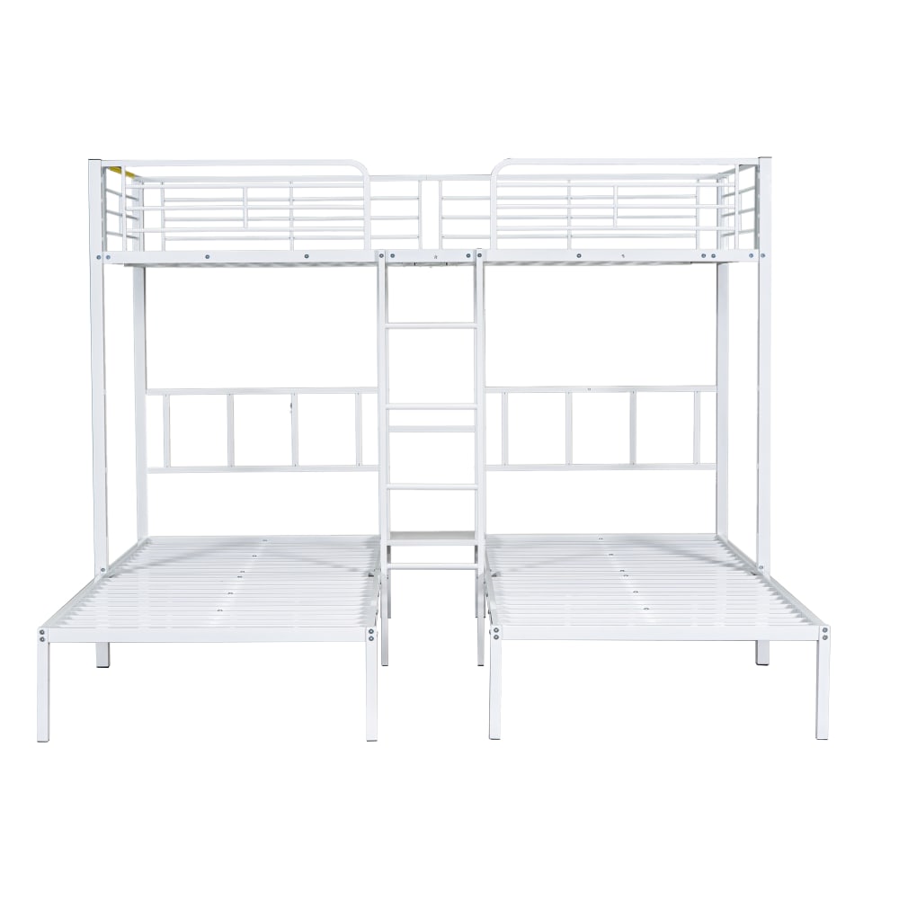 Lit superposé 90x200 cm - Lit triple avec barrière de protection - Métal - Sans matelas - Blanc