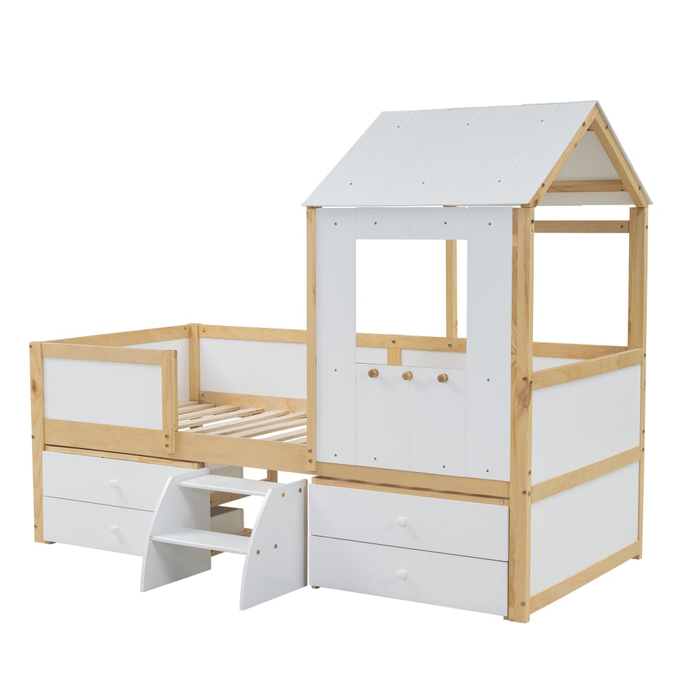 Lit enfant Cabane 90x200 cm - Lit Mi-Hauteur avec Toit et Fenêtres, 2 Tiroirs de Rangement, en Pin Blanc et Naturel - Sans Matelas