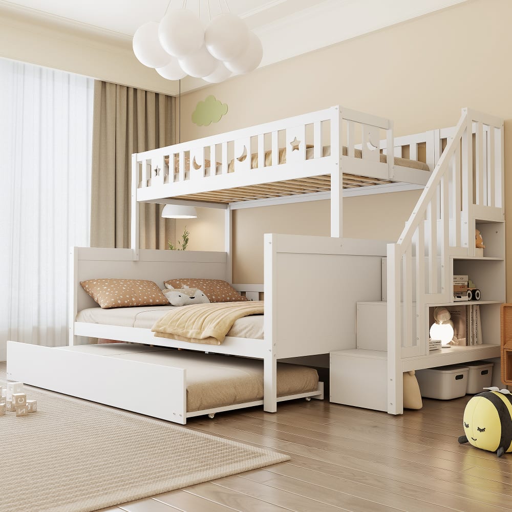 Lit Superposé enfant 90x200 cm avec Lit Gigogne, Bois Massif avec Échelle de Sécurité, Blanc - Sans Matelas