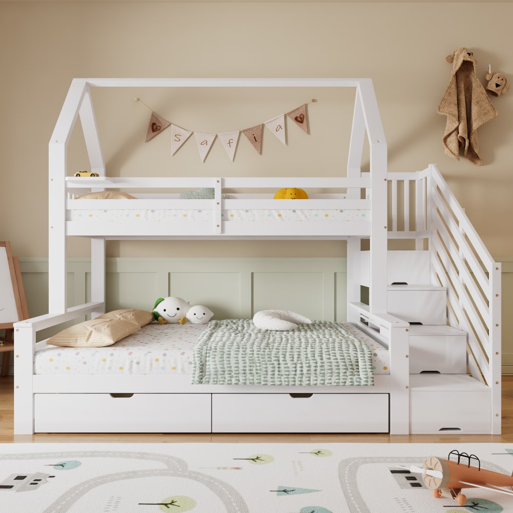 Lit Superposé Cabane 90x200 et 140x200 cm - avec Escaliers, Tiroirs et Étagères - Lit enfant en Pin et MDF - Sans Matelas - Blanc