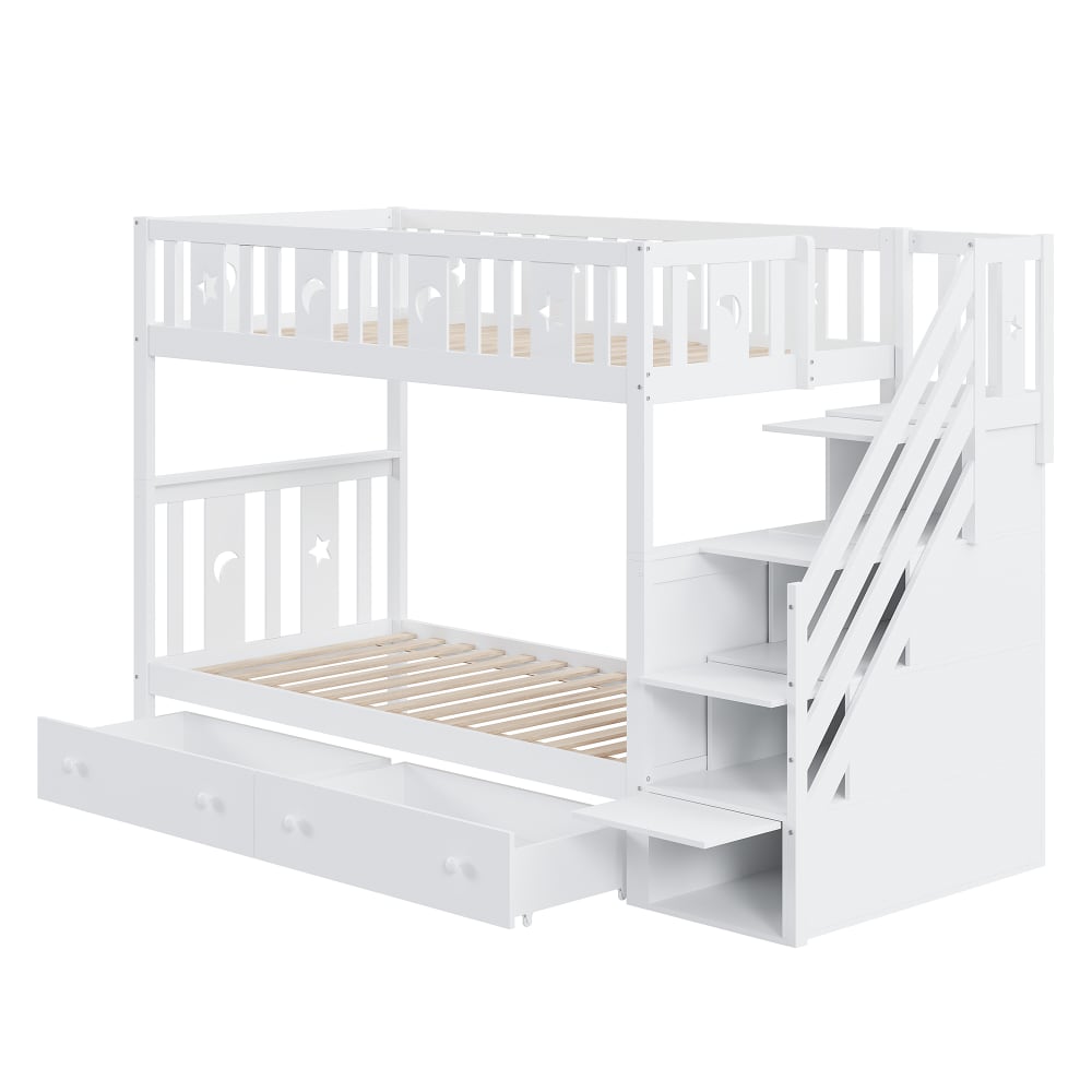 Lit Superposé 90x200 cm - Lit Superposé Enfant avec Escalier de Rangement et Barrière de Sécurité - Sans Matelas - Bois - Blanc