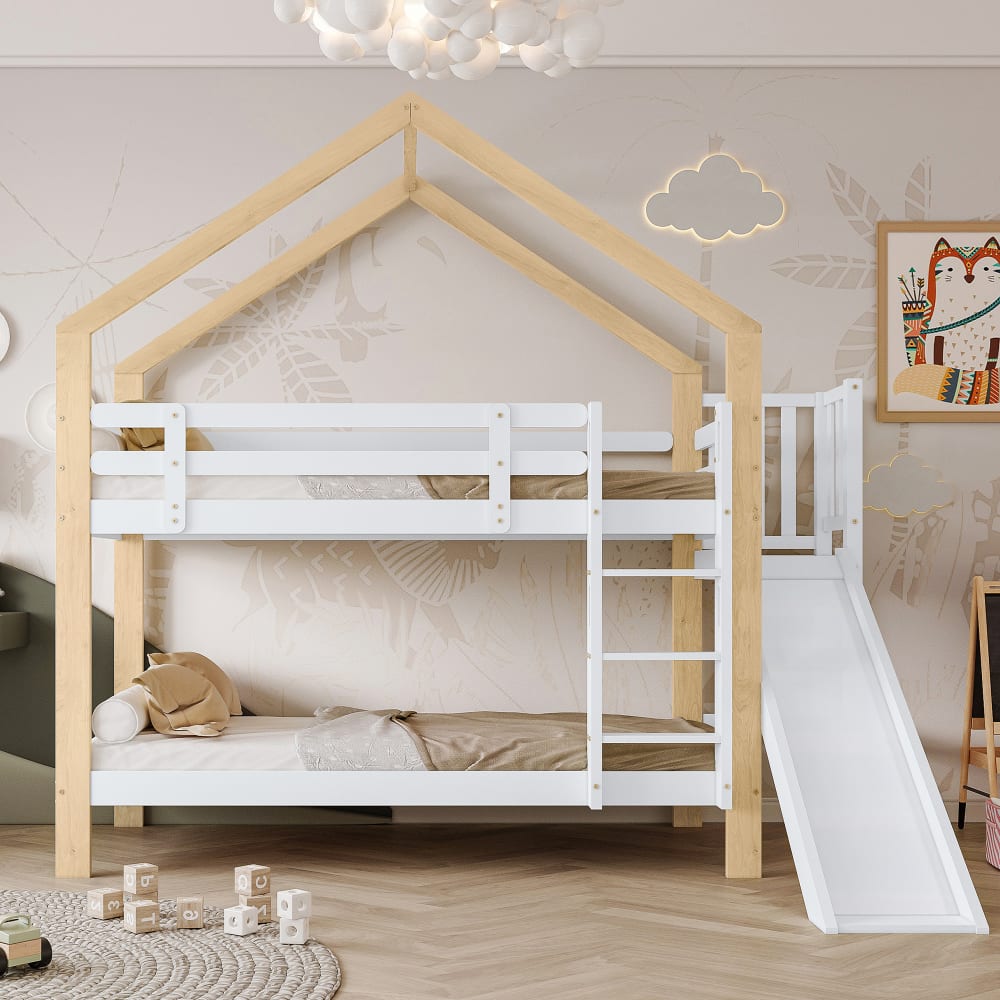 Lit Superposé 90x200 cm - avec Toboggan et Échelle 3 Marches, Cabane enfant, Bois Massif, Sans Matelas - Blanc et Naturel