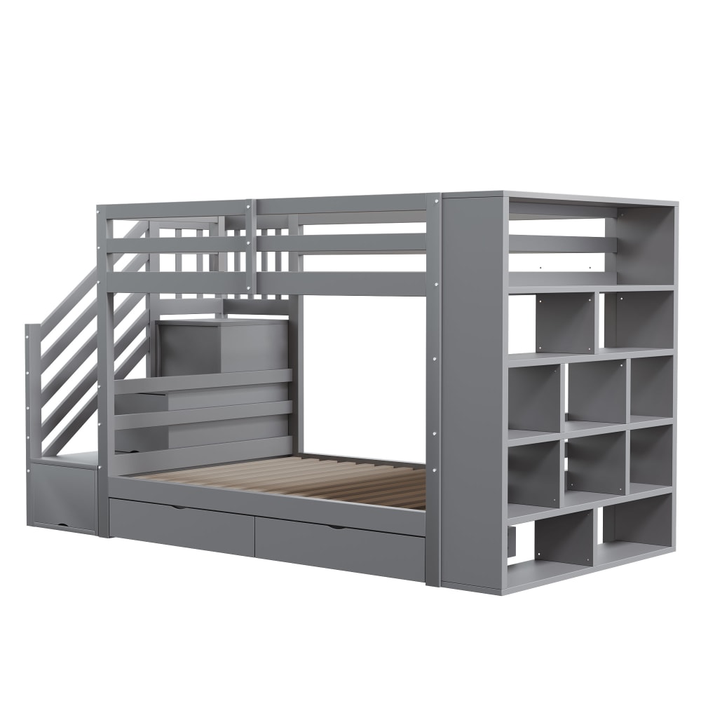 Lit Superposé enfant 90x200 Cm - Lit Superposé avec Escalier Sécurisé et Rangements, Pin Massif et MDF, Gris