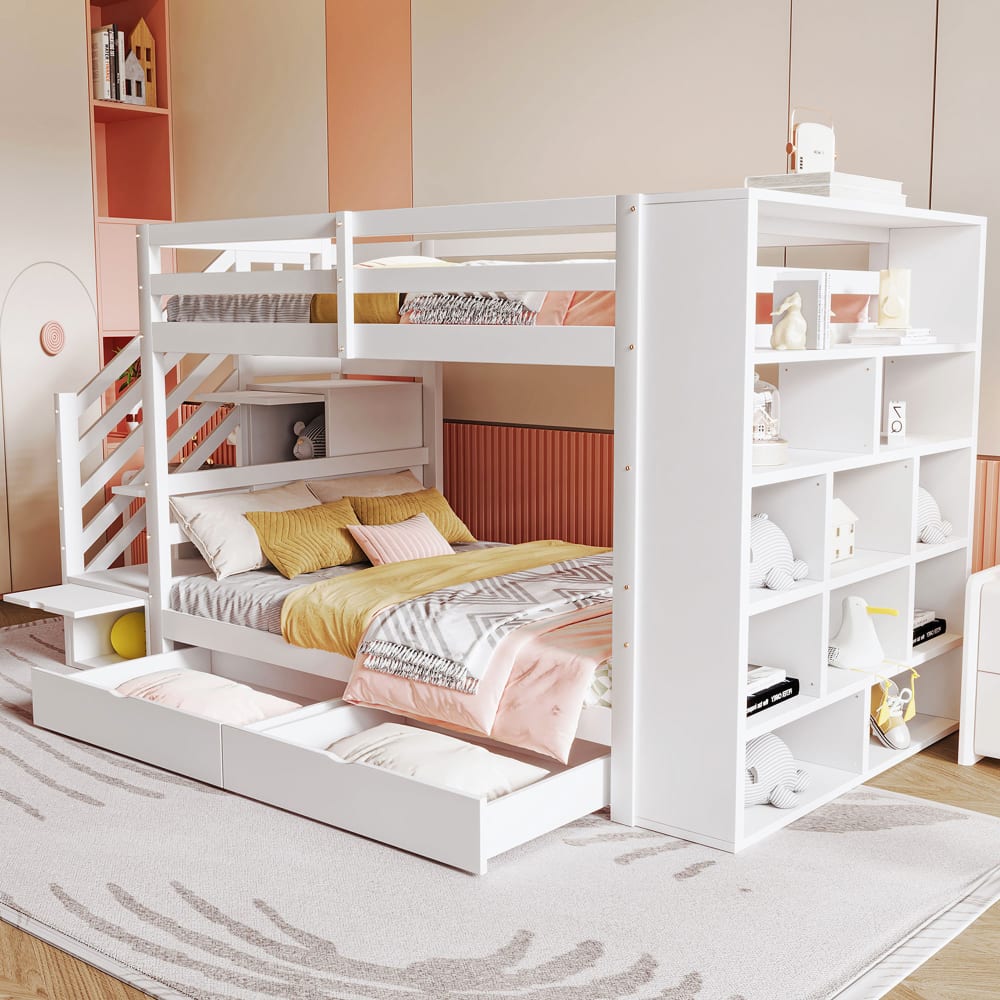 Lit Superposé enfant 90x200 Cm - Lit Superposé avec Escalier Sécurisé et Rangements, Pin Massif et MDF Solide, Blanc