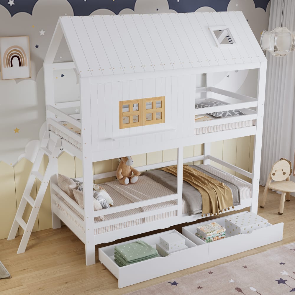 Lit Superposé 90x200 cm - Lit Enfant Cabane avec Toit, Fenêtres et Échelle, 2 Grands Tiroirs, MDF, Blanc et Naturel, sans Matelas
