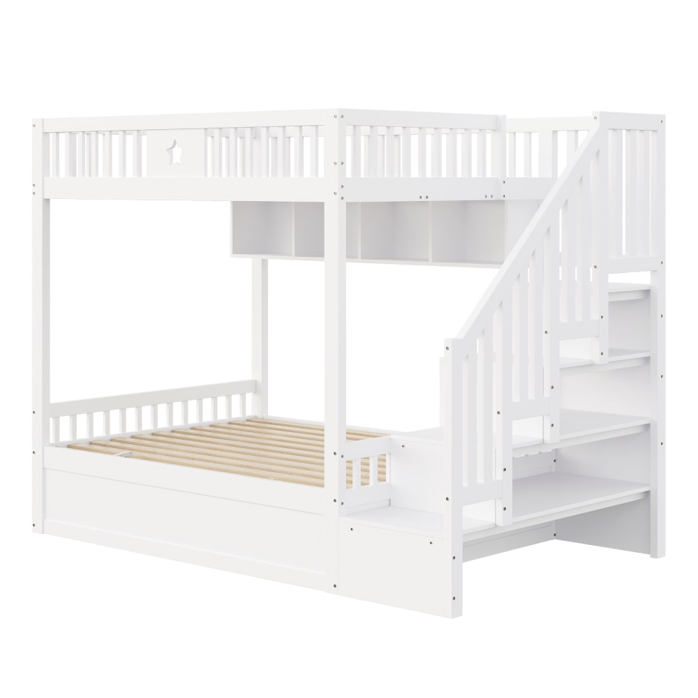 Lit Superposé Double 140x200 cm - Escalier de Rangement et Coffre Sous Lit, Barrière de Sécurité - Sans Matelas - MDF/Pin - Blanc