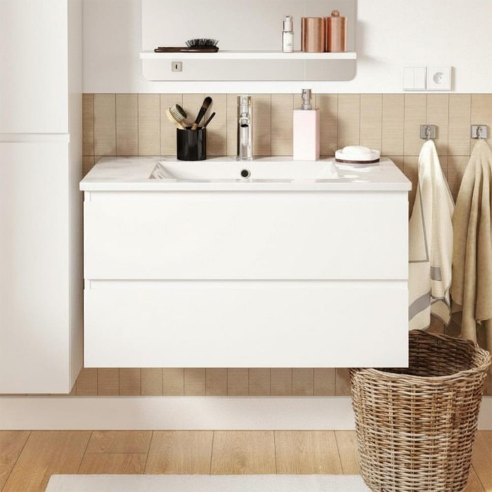 Meuble simple vasque SORRENTO 80cm décor chêne et robinet