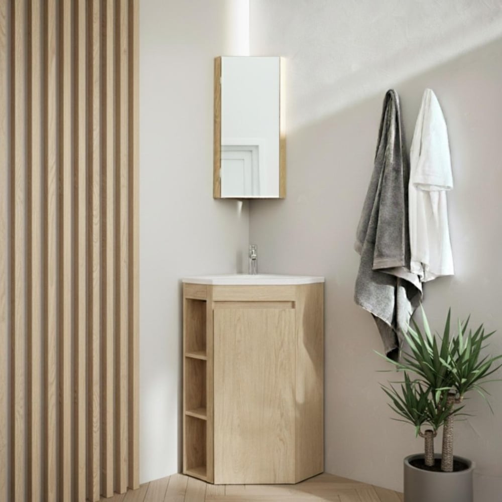 Meuble d'angle sur pieds SORRENTO avec vasque, robinet et armoire de toilette