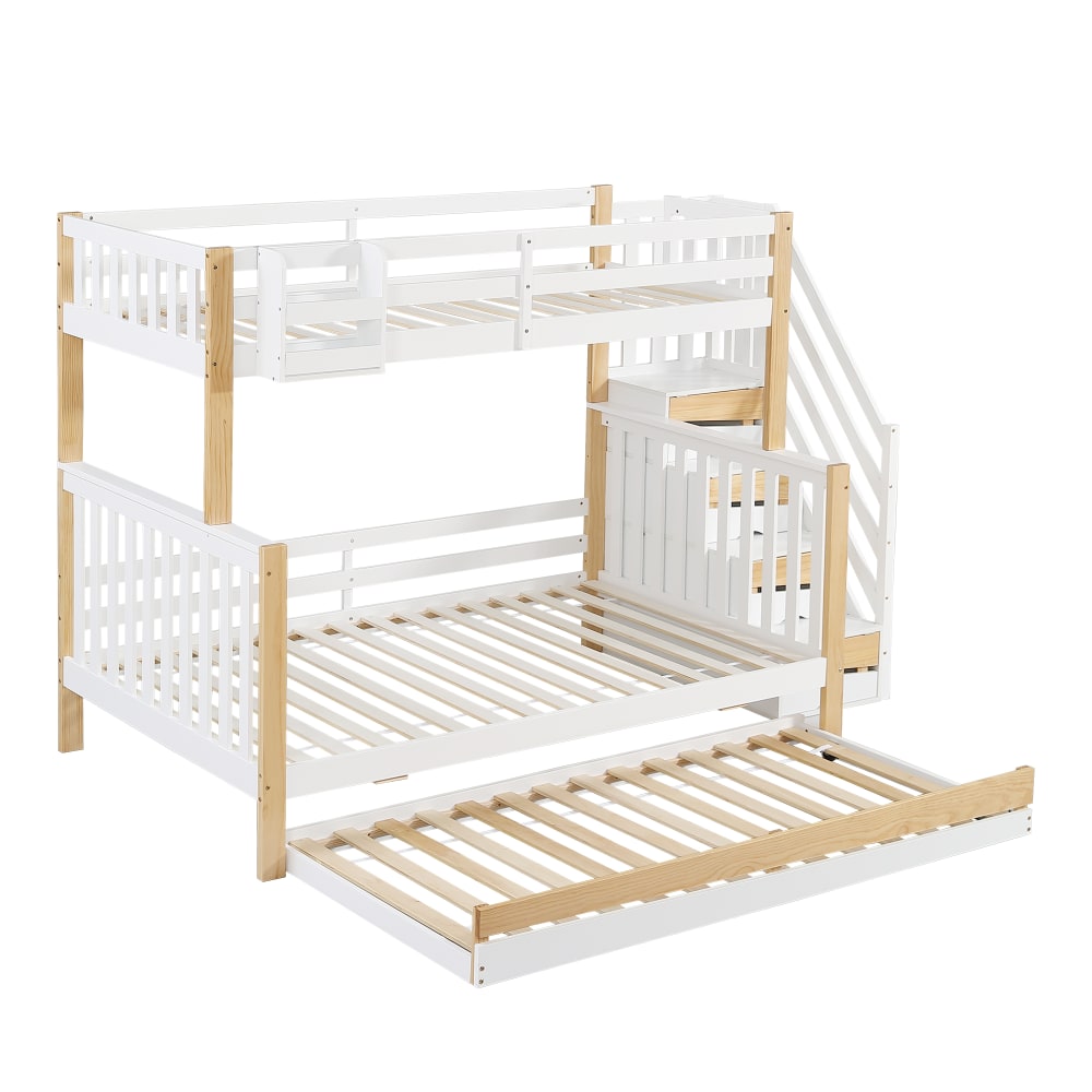 Lit superposé enfant 90/120x200 cm avec lit gigogne, barrière de sécurité et escalier d'angle - pin + MDF blanc et naturel