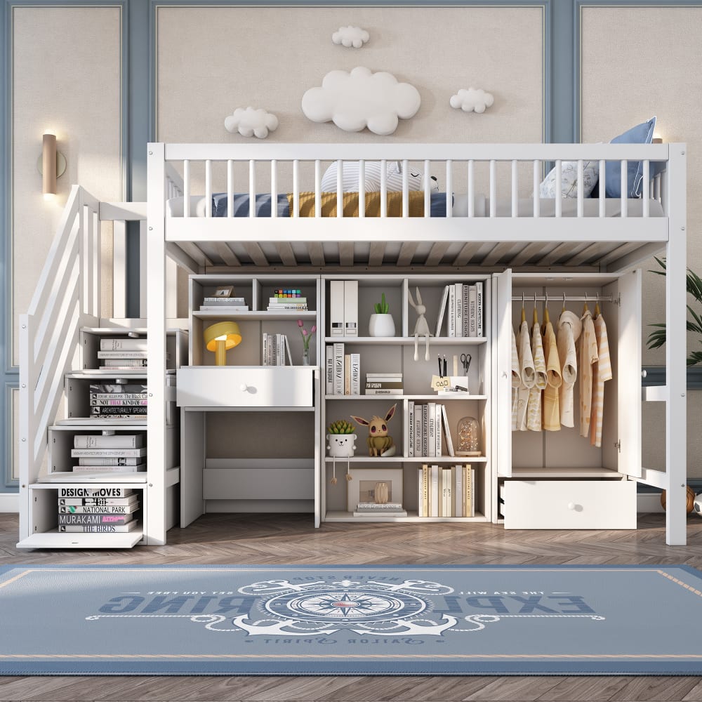 Lit enfant en bois massif blanc avec bureau 90 x 200 cm