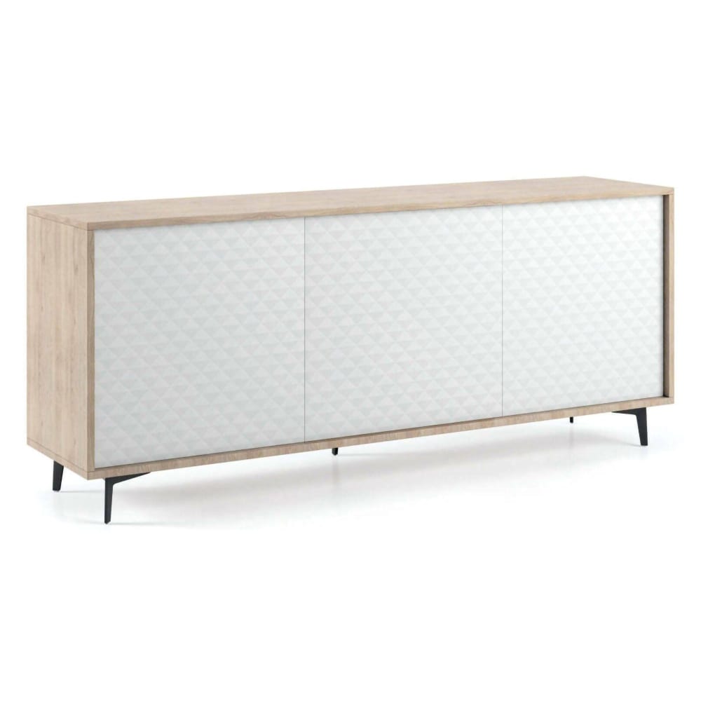 Buffet Ddemm, Buffet avec 3 portes et 1 étagère réglable, Buffet de salon élégant, Meuble TV, 184x45h77 cm, Blanc et Chêne