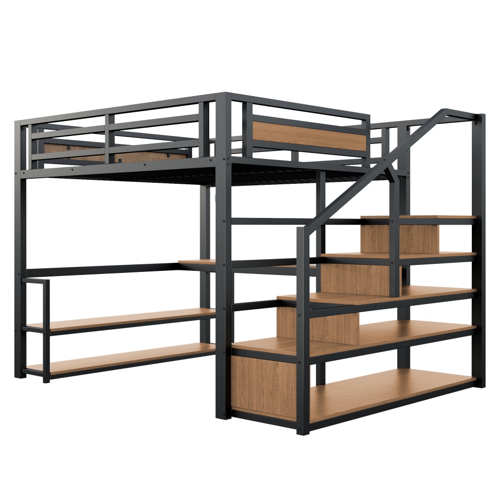 Lit mezzanine double 140x200 cm en métal avec bureau et étagères intégrés - gain de place pour chambre ado - noir