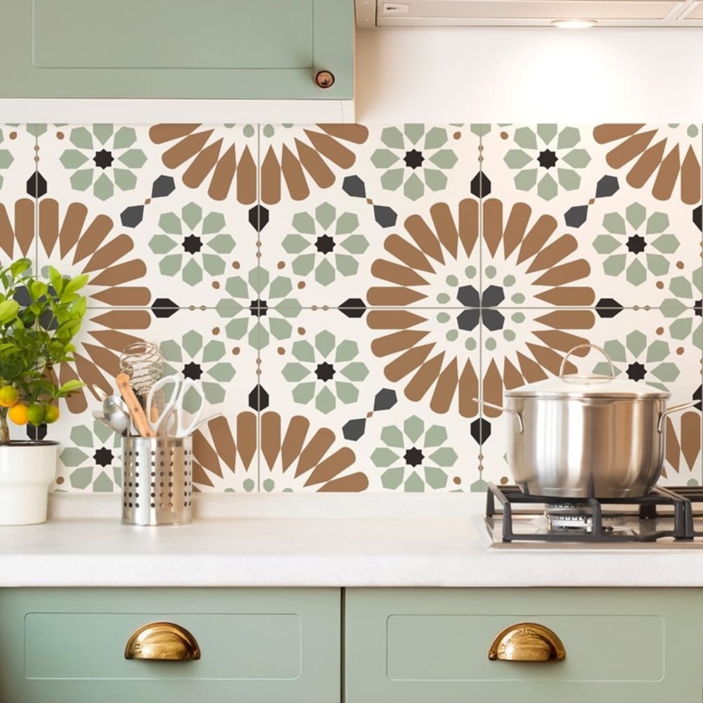 Crédence cuisine en aluminium - effet carreaux de ciment marron et vert - 360x50 cm (en 3 bandeaux)