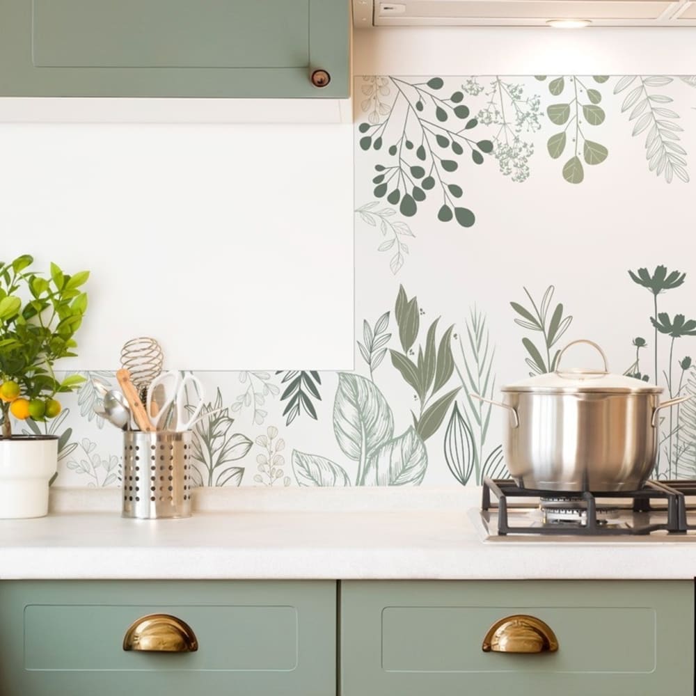 Crédence cuisine en aluminium - floral vert sauge - 300x20 cm (en 3 bandeaux)
