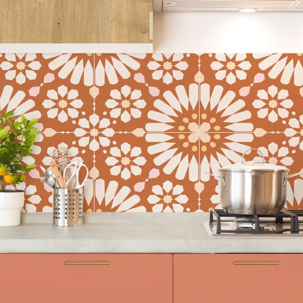 Crédence cuisine en aluminium - effet carreaux de ciment orange - 360x50 cm (en 3 bandeaux)