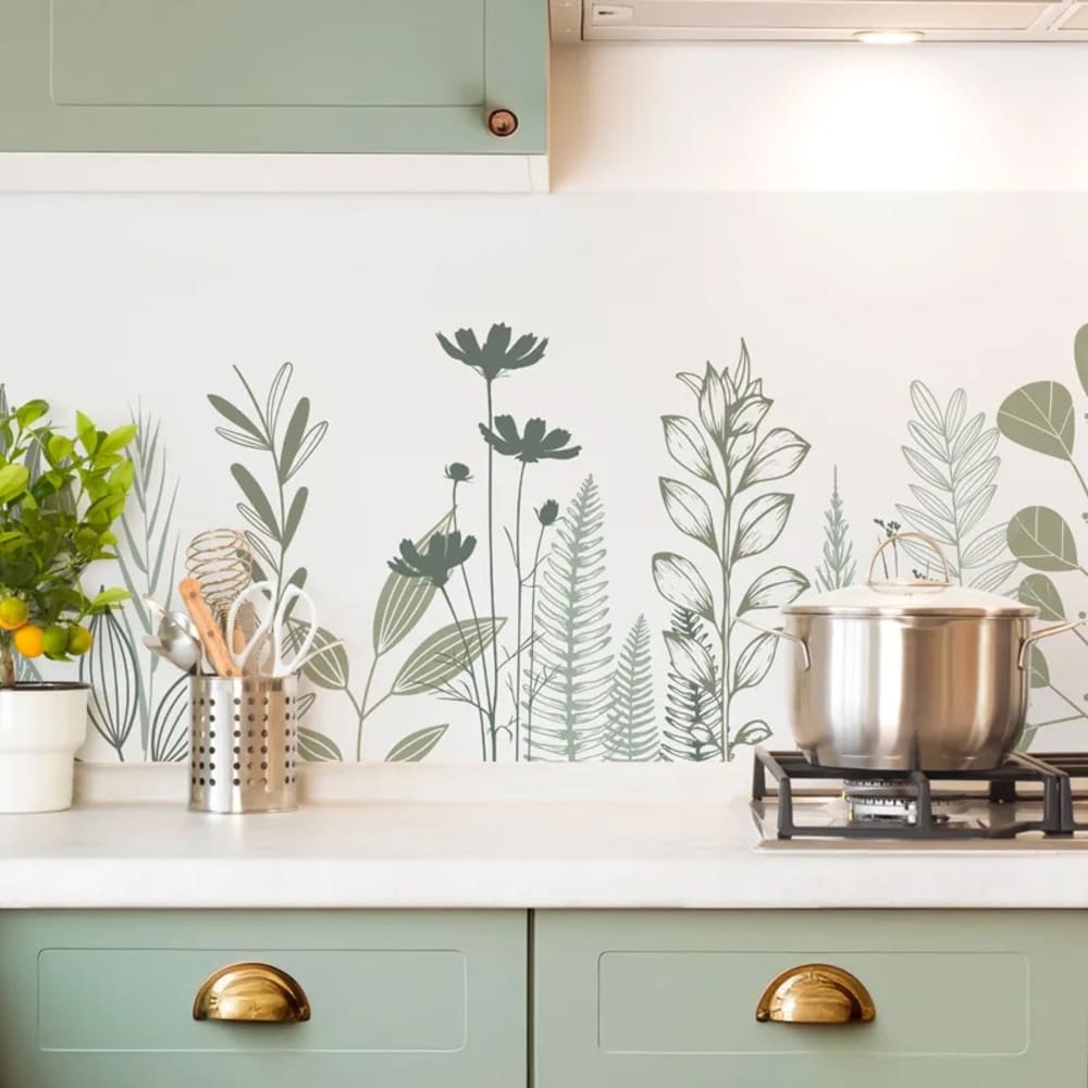 Crédence cuisine en aluminium - floral vert sauge - 360x50 cm (en 3 bandeaux)