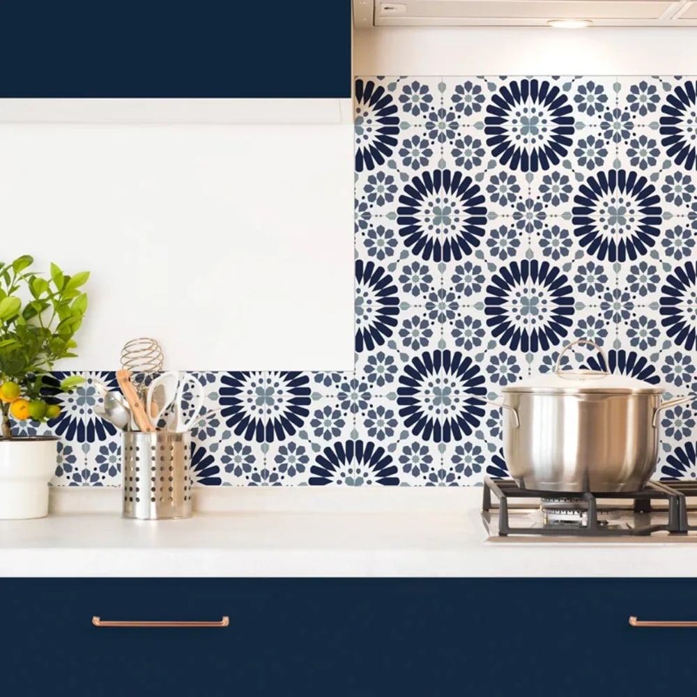 Crédence cuisine en aluminium - effet carreaux de ciment bleu - 270x20 cm (en 3 bandeaux)