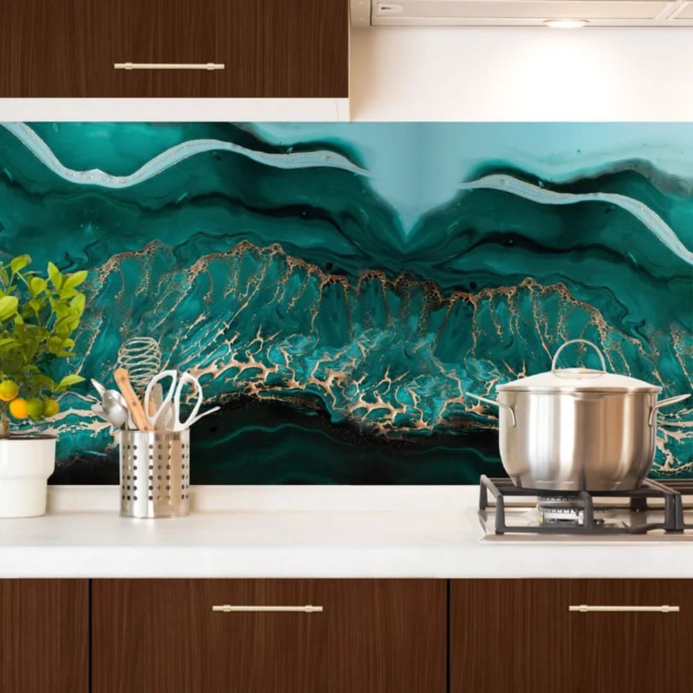 Crédence cuisine en aluminium - effet marbre bleu - 240x50 cm (en 2 bandeaux)