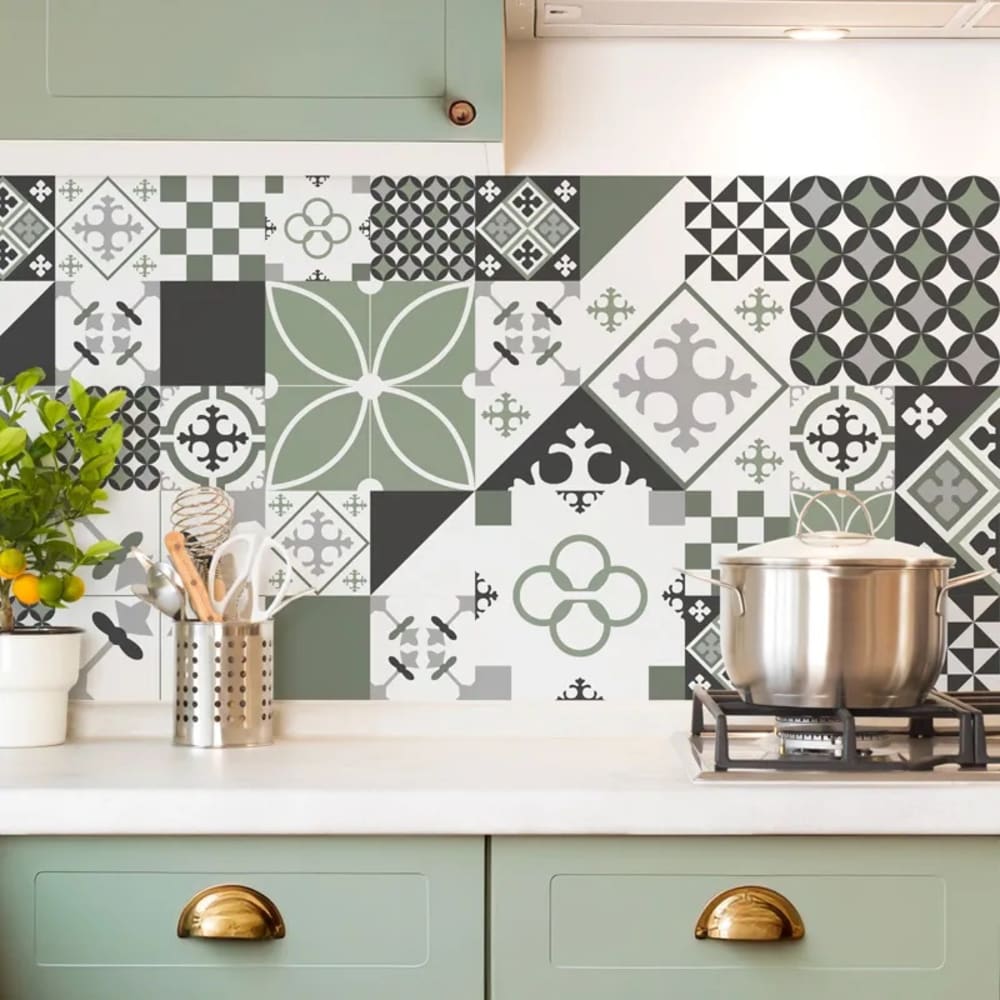 Crédence cuisine en aluminium - effet carreaux de ciment vert - 240x50 cm (en 2 bandeaux)