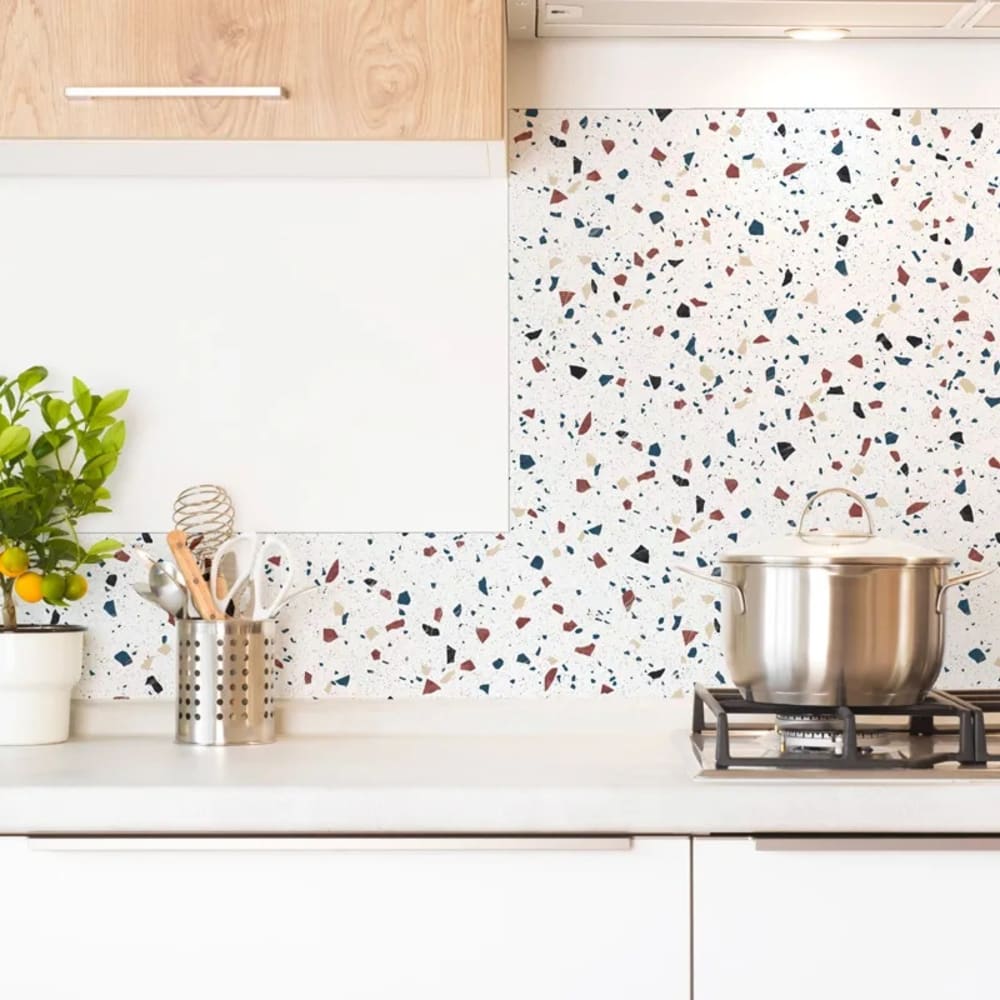 Crédence cuisine en aluminium - motif terrazzo blanc - 300x20 cm (en 3 bandeaux)